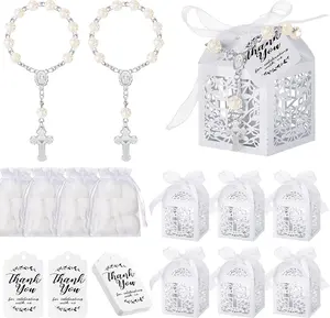 100 Pcs Baptism Favors Set Includes 25 Mini Rosary, Laser Cut Baptism Favor Boxes, White Organza Bags and 25 Thank You Tags for Gifts Wedding Party Supplies (Silver) - Home Improvement.