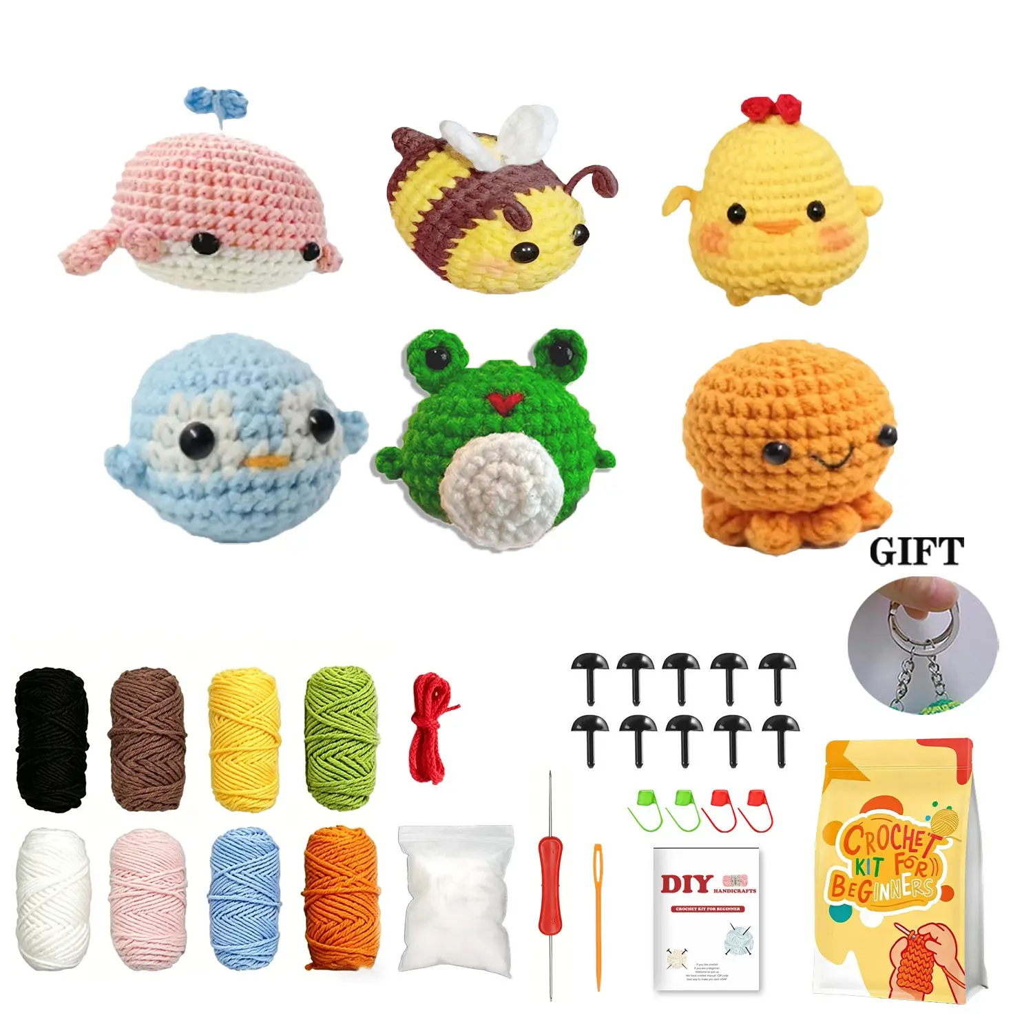 Beginner DIY Crochet Kit with 6 Cute Animal Figures, Easy-To-Learn, Perfect Gift, Stress Relief, Includes Video Tutorial, Crochet Set, Crocheting Kit