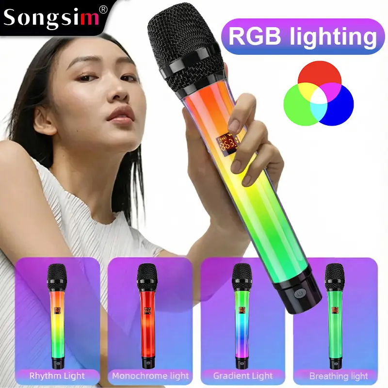 Songsim Dual Wireless RGB Microphone System, 2 Handheld Mics + 1 Receiver, 4 RGB Light Modes, 30M+ Transmission, Rechargeable, 6.35mm Plug for Karaoke, Parties, Home Theater, Speakers & Mixers Audio Smartphone
