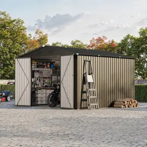 10X12 FT Storage Shed with Cross Windows & Lockable Door，Large Outdoor Metal Shed，Peaked Roof Garden Shed for Lawn Mower, Bike, Tools - All Weather Secure Storage