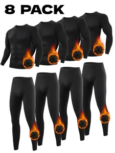 Men's Lined Thermal Underwear 8-Piece Set Suitable for Winter Hunting Outdoor Skiing Sports Training Halloween and Fitness Includes 4 Round-Neck Long-Sleeve Tops and 4 Long Pants Base Layer