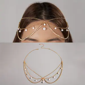 A Stylish And Minimalist Multi-Layered Head Chain Adorned with Rhinestones And Faux Pearls, Perfect for Women'S Dance Parties, Gatherings, Weddings, And As a Gift for Friends