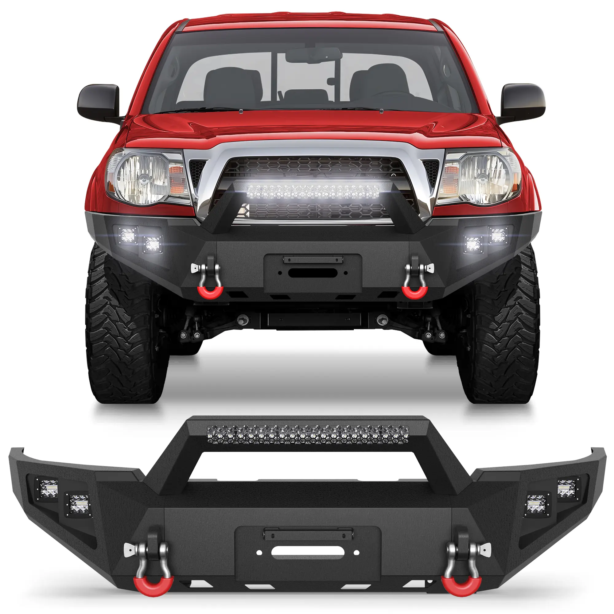 Longsun Tacoma Front Bumper Full Width for 2005-2015 Tacoma 2nd Gen Pickup | Pickup Truck Steel Bumper w/Winch Plate, LED Lights, D-rings and License Plate Bracket