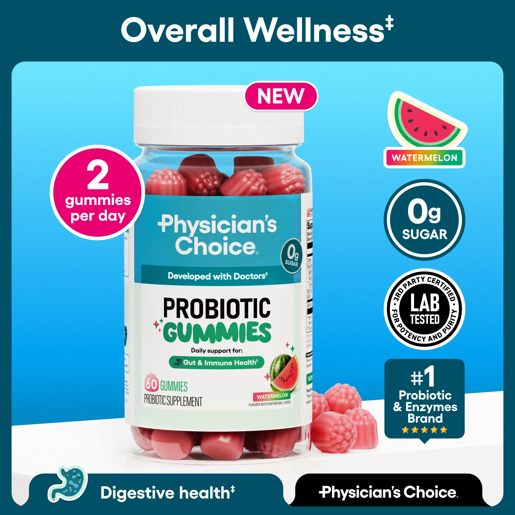 Physician's Choice Probiotic Gummies for Gut & Immune Health - with Vitamin D & Prebiotics - Sugar Free - Watermelon Flavor - Daily Gummy for Adults