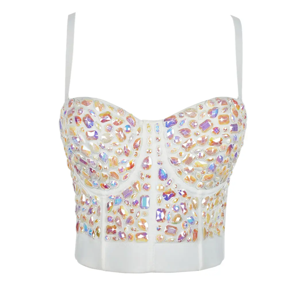 Women's Sleeveless Handmade Acrylic Drill Sequin Colorful Fishbone Corset Tube Halter Top - Short Crop Shaper Vest with Weighted Design, Ideal for Spring Summer Rave, Wedding Party Outfits (Inner Wear or Outerwear), Sparkly, Halloween