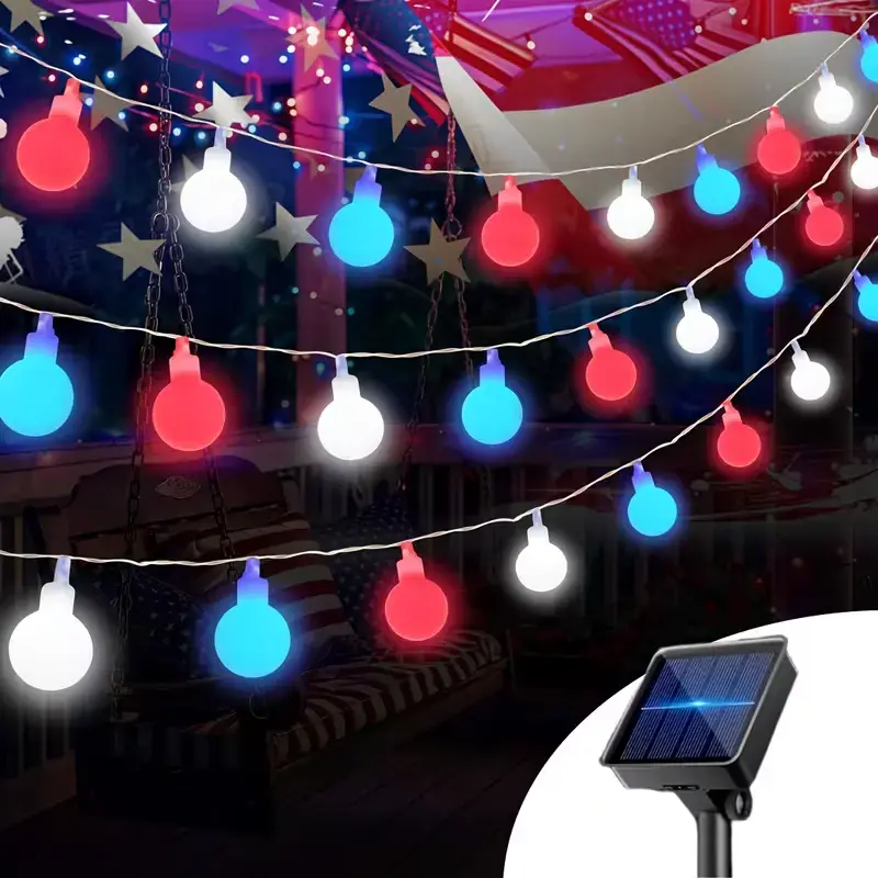 80-LED Solar-Powered Frosted Bulb Fairy String Lights - 32.8ft, 8 Modes, Red/Blue/White, Outdoor Waterproof Decorative Lights for Easter, Independence Day, Home Walkways Patios, Fairy Lights