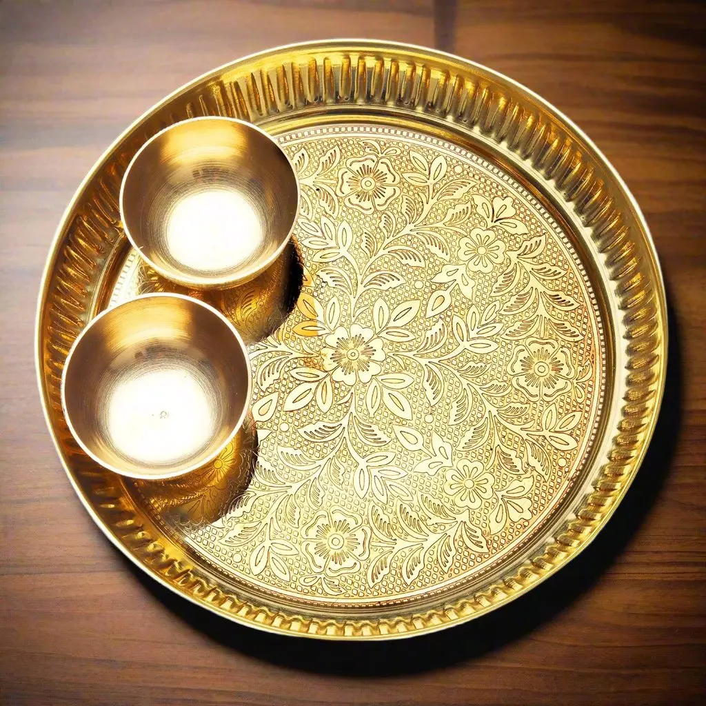8-Inch Durable Brass Puja Thali Tableware Kit with 2 Prasad Bowls, Beautifully Crafted Religious Decor for Ceremonies, Ideal Gift Set for Housewarming, Festivals & New Community Members, Two Bowls