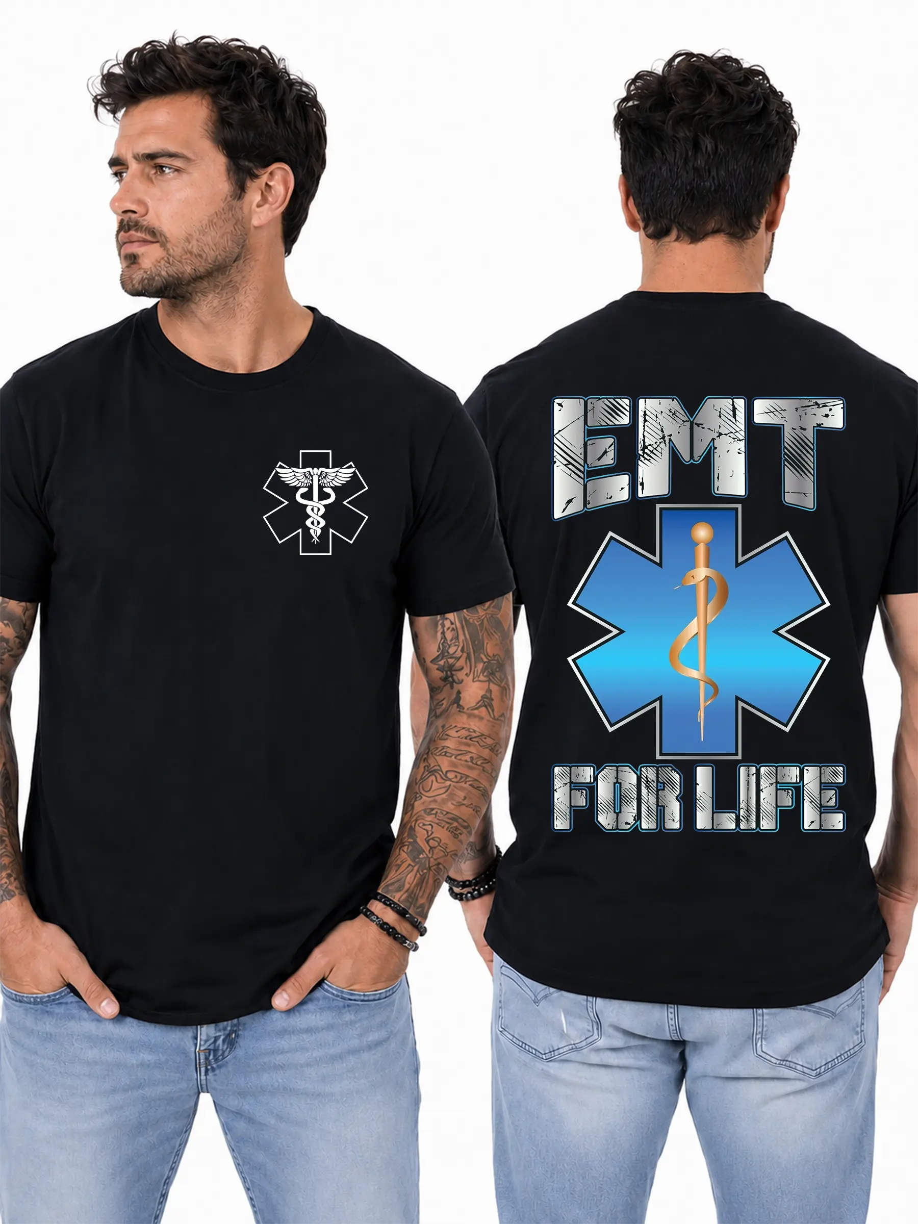 EMT For Life TShirt, Blue Star of Life with Steel EMT Lettering Graphic, MedCore Graphic Shirt for Emergency Medical Technicians, Gift for EMTs and First Responder Heroes Design