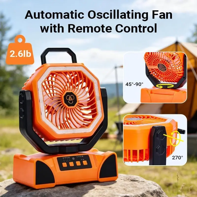 18000mAh Rechargeable Camping Fan with LED Light, Portable Outdoor Fan with Remote Control, Oscillating Battery Powered Tent Fan, Emergency Power Bank, Timer Function, Compact Travel Fan for Camping, RV, Patio, Backyard, Blackout, Outdoor Activities