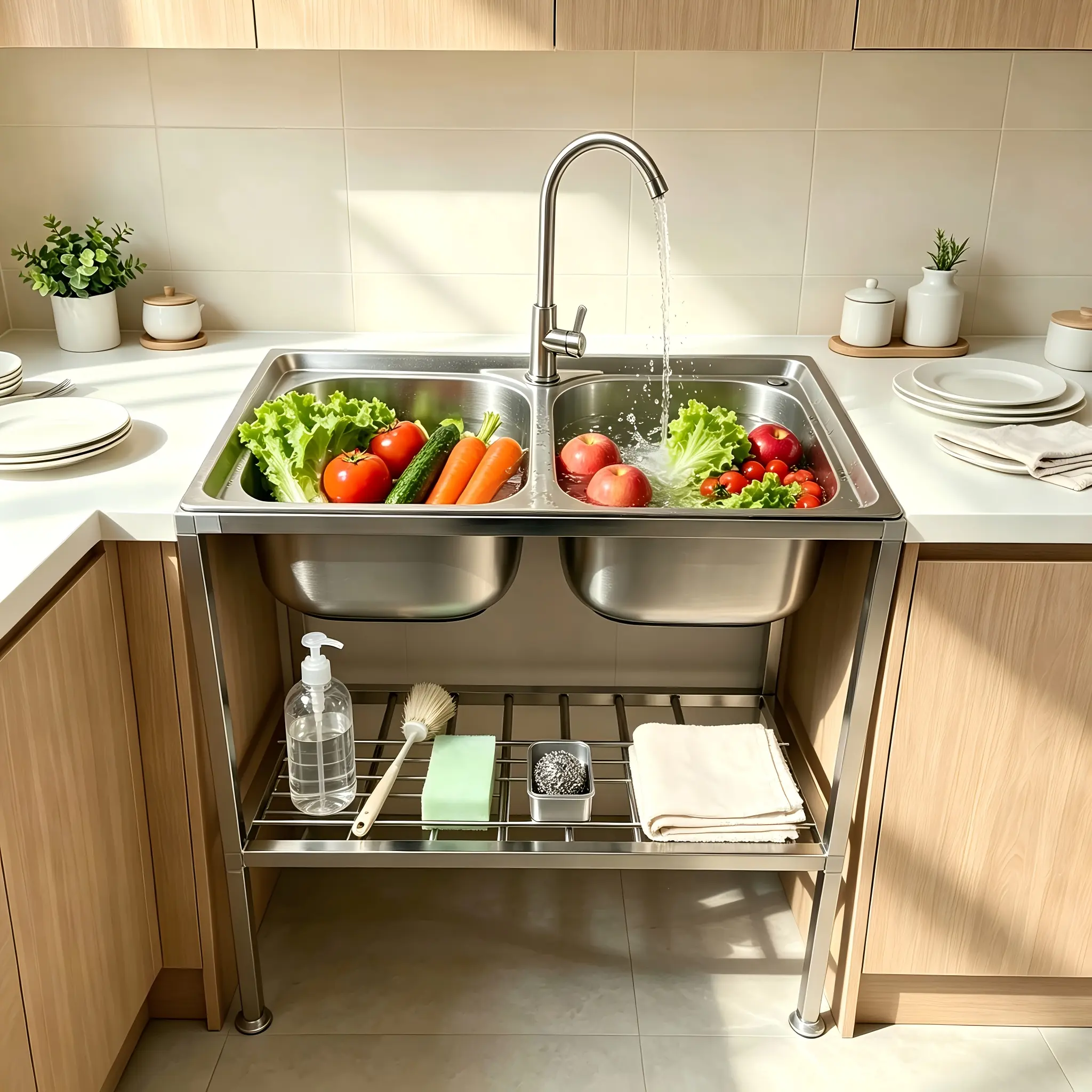 Dual Bowl Commercial Kitchen Sink, Stainless Steel Prep & Utility Sink, Free Standing Outdoor Sink |,2 Compartment for Restaurant, Kitchen, Outdoor