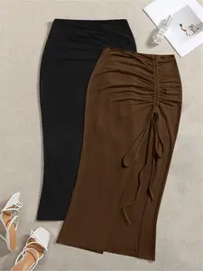New Women's Elegant High Waist Knitted Polyester Fabric Skirt, Solid Color, Micro Elastic, Fit, Spring, Soft Summer and Autumn Long Skirt, Drawstring Side Slit, Bottom