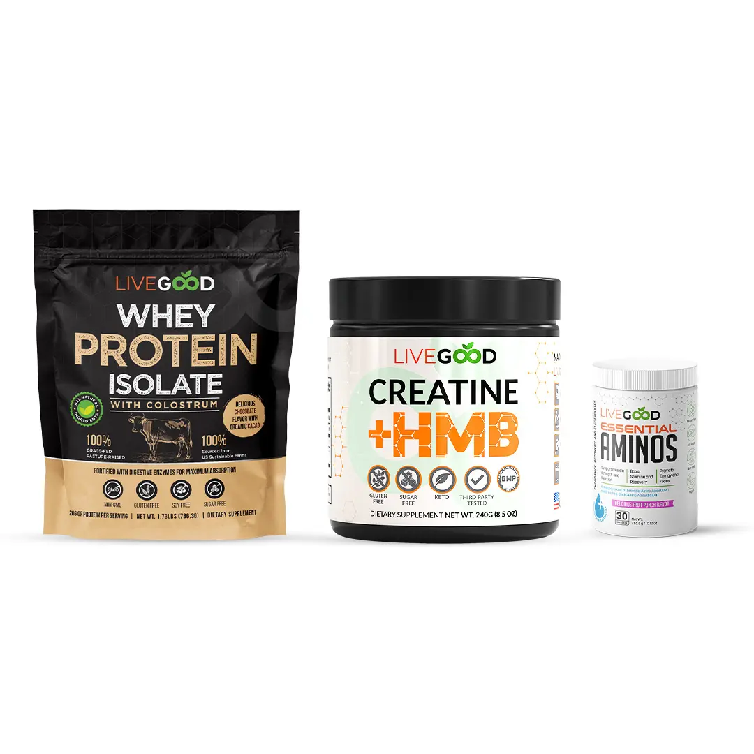 LiveGood Ultimate Performance Trio Fitness Supplement Stack - Whey Protein Isolate Powder, Creatine + HMB, Essential Aminos, Natural Dietary Sugar-Free Protein Supplement for Muscle Support