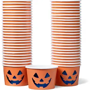 Confettiville Paper Ice Cream Cups, 50-Count 9-Oz Disposable Dessert Bowls for Hot or Cold Food, 9-Ounce Halloween Party Supplies Treat Cups, Jack-O-Lantern, Orange