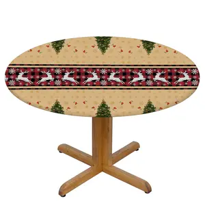 Round Fitted Tablecloth with Elastic Edge, Christmas Tree Deer Round Table Cover Circle Table Cloth Wipe Clean Table Cover 45"-50" for Dining Kitchen Picnic Christmas Decorations Gifts