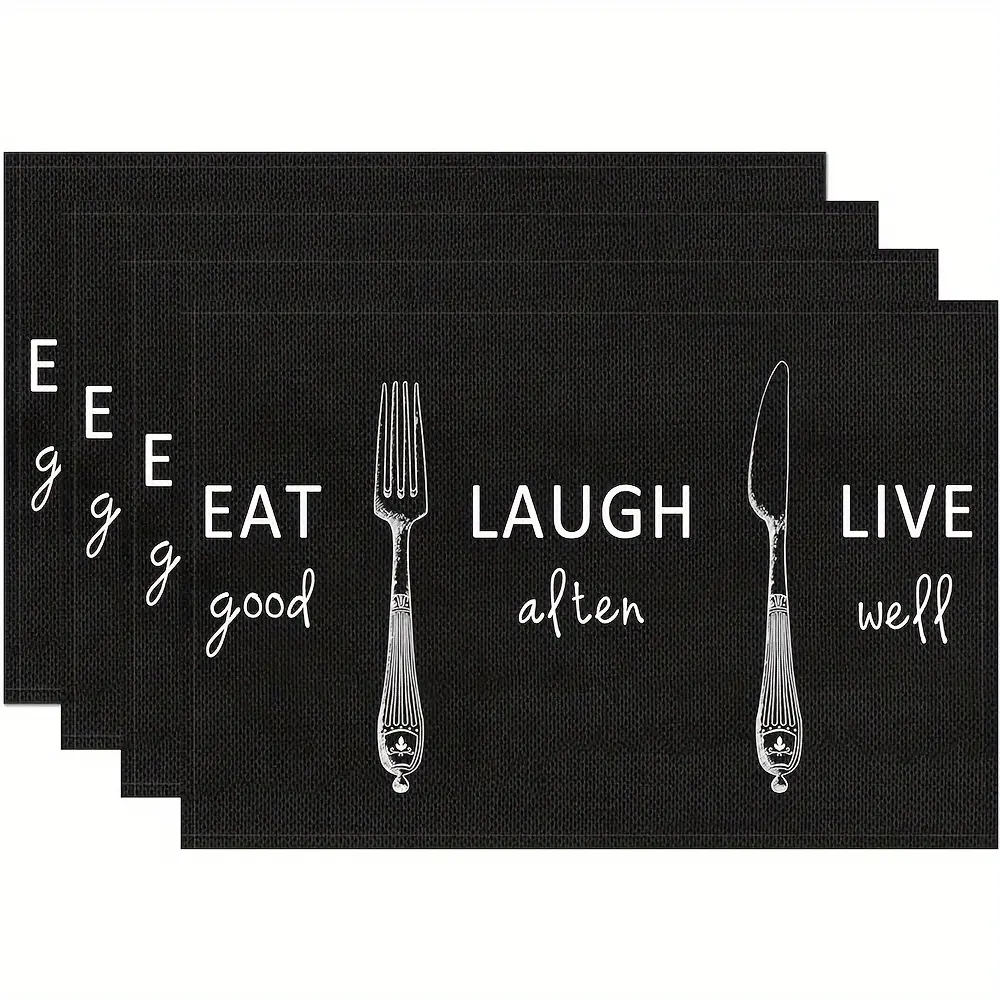 Set of 4 Black Linen Placemats - 12x18 Inches Rectangular, Lightweight Tableware, Washable Humorous Christmas Decor, All-Season Ideal for Holiday Use