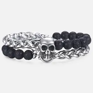 Hermah 8mm Men's Bracelet Skull Charm Stainless Steel Link Chain Bracelet Male Wristband Black Lava Beaded Bracelet Punk Hiphop Jewelry Gifts