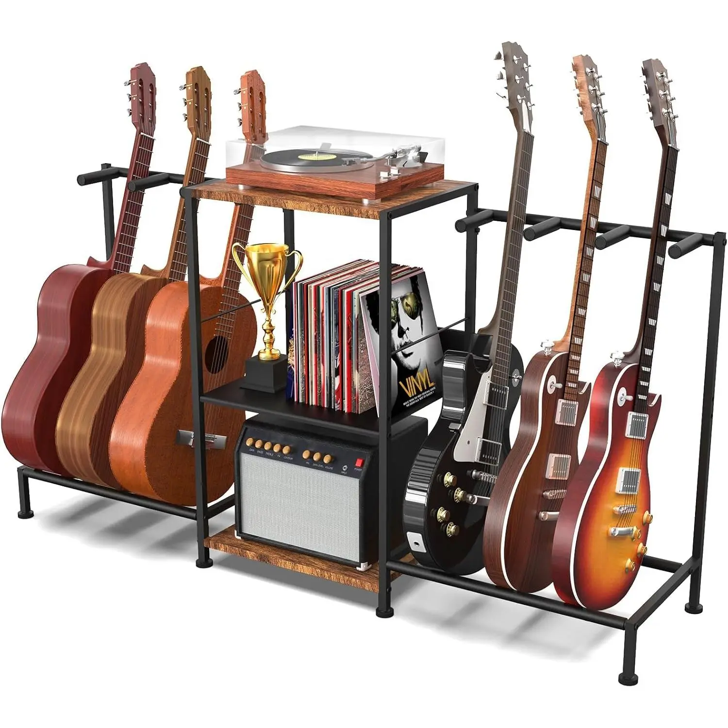 Guitar Stand for Acoustic Multiple Guitars Holder with 3-tier Storage Shelf, Guitars Display Rack Guitar Amp Accessories with Soft-Padded Protect Multi Guitar Stand for  Studio Music Room