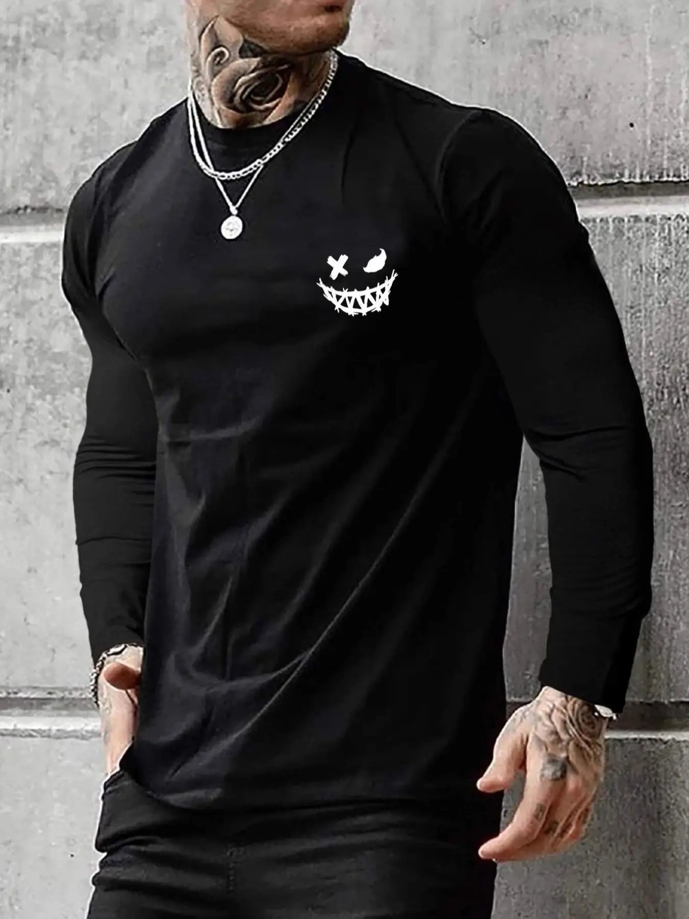 Men's Graphic Round Neck Long Sleeve Tee, Graphic Tees for Men, T Shirts for Men, Regular Fit Casual Crew Neck Longsleeves T-shirt, Freaky Outfits, St