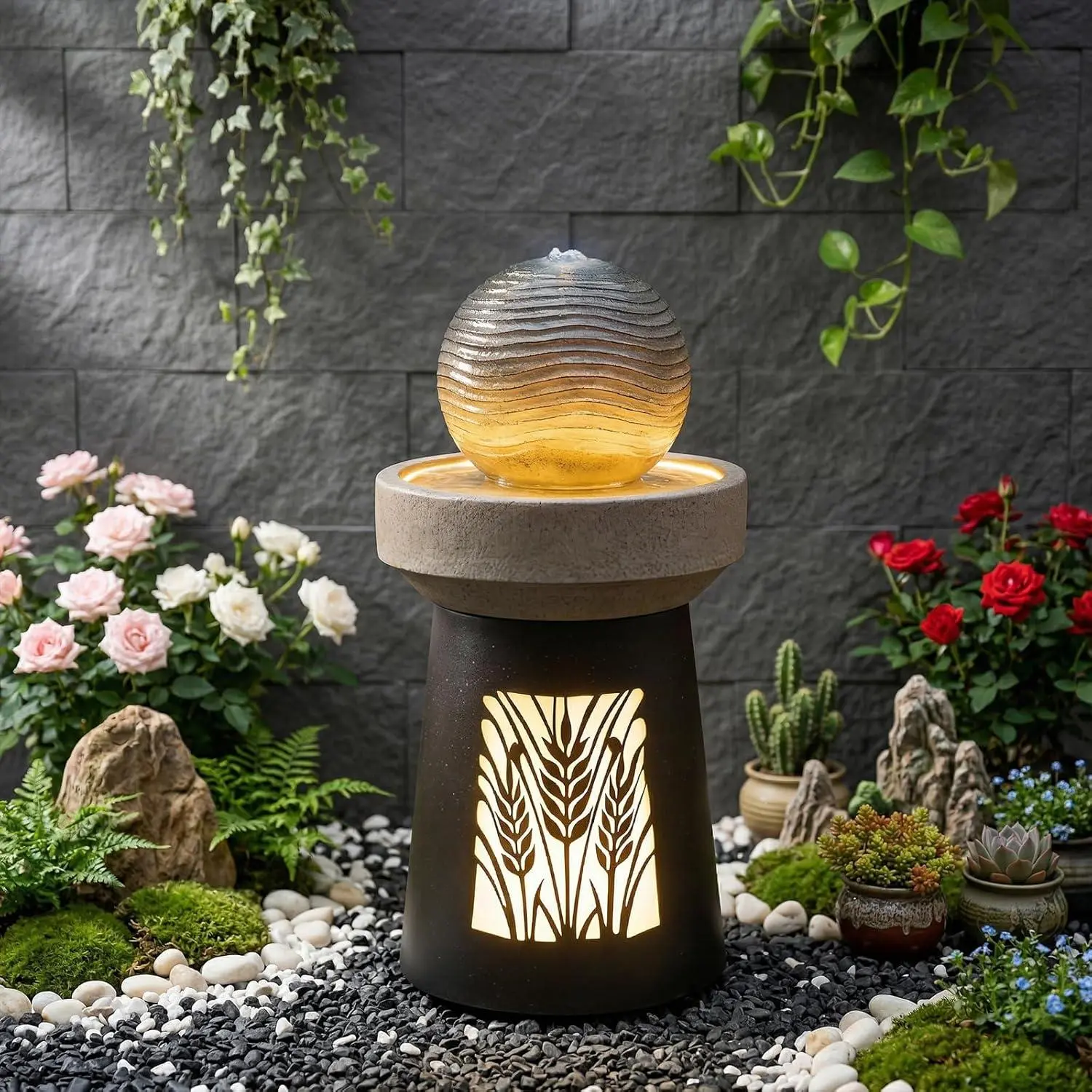 Outdoor LED-Lit Deer Forest Hollow Cascading Ball Water Fountain - All Seasons Weatherproof Polyresin Floor Standing Waterfall with Submersible Pump, UV Protection, Rustic Decor for Farmhouse Style Home Patio Garden, Harvest Festival