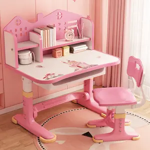 summervibes Kids Functional Desk Chair Set, Height Adjustable Children School Study Desk with Castle Backboard, Widened Desktop, Bookstand and Storage Drawer (Pink)