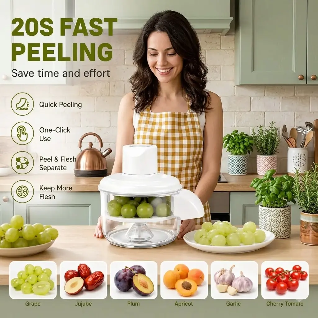 Cordless Electric Fruit & Vegetable Peeler, One-Touch Automatic Peeling Machine with Type-C Rechargeable Design, Portable Kitchen Tool for Grapes, Cherry Tomatoes, Garlic, Plums & Small Produce, Easy to Clean