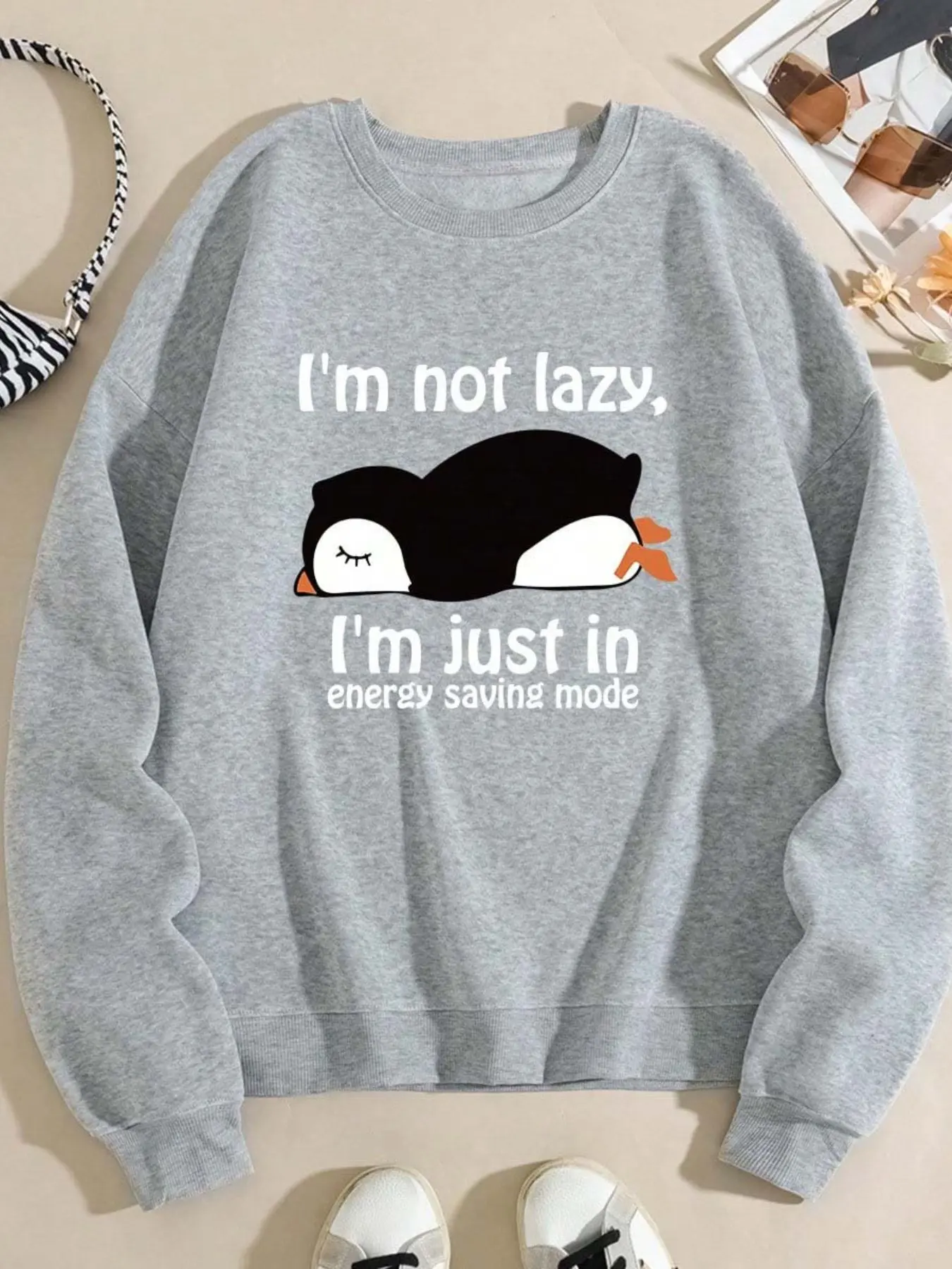 Women's Penguin Letter Print Hoodie, Fall & Winter Loose-Fit Thick Knit Pullover, Casual Holiday Streetwear, New Arrival