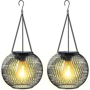 Solar Lantern Outdoor, Upgraded  Lights Outdoor Garden Metal Lanterns Decorative Lighting   Tree for Yard Patio Pathway, 2 Pack, Black