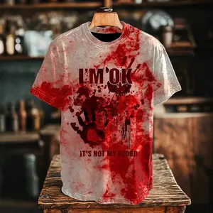 Men's Vintage-Style Distressed T-Shirt – Bloody Handprint Graphic and "I'M OK" Slogan – Dark/Horror Aesthetic, Loose Crew Neck – Unique Halloween Party Tee