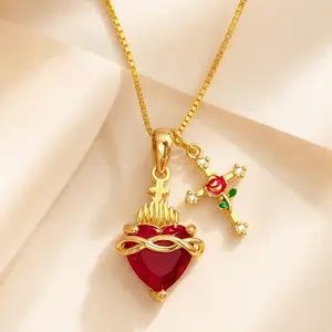 Heart-shaped Rose Cross Multi-pendant Necklace with Love Zircon Sacred Heart Collarbone Chain - Dainty Single Layer Gold Chain Red Zircon Love Choker Y2K Coquette Aesthetic Cinematic Retro Glam Statement Jewelry Romantic Gift for Her summerwins