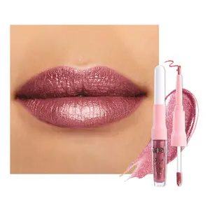 2-in-1 Mauve Metallic Lipstick and  Liner, Shimmer Liquid Metallic Lipsticks for Women, Glitter  Gloss Stain Long Lasting Waterproof Smudge Proof 24 Hour, Vegan Makeup, 16 vita- clear  gloss portable ultra glossy lip