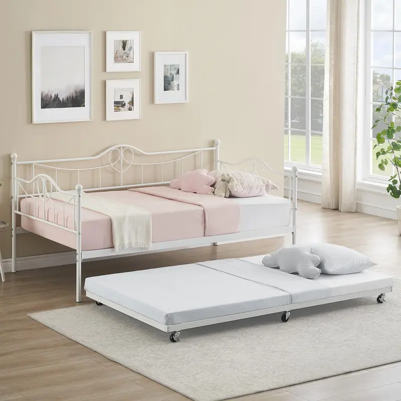 White Twin Daybed with Trundle, Modern Pull Out Day Bed Frame with Vintage Headboard, Metal Daybed with Sturdy Slat Support, for Small Spaces, Kids Room, Living Room, Guest Room