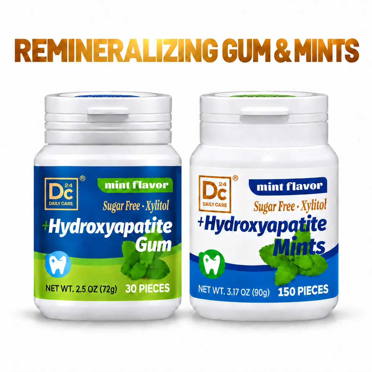 DC24 DAILY CARE Hydroxyapatite & Xylitol Gum and Mints Bundle, Sugar-Free, Refreshing Mint Flavor, 30 Pieces of Gum + 150 Mints, 2 Bottles