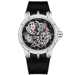 Luxury Skeleton Automatic Watch Diamond Bezel Black Rubber Strap