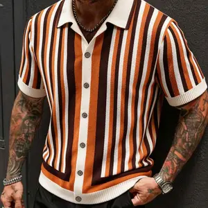 Premium Soft Mens Retro Stripe Knit Shirt Camp Collar Design Contrast Stripe Details Perfect for Date Nights and Vintage Smart Casual Events