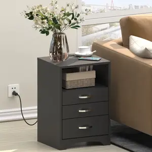 Vabches 3 Drawers Black Nightstand with Charging Station, Side Table with Open Storage Bedside End Table Night Stand Storage Cabinet for Bedroom