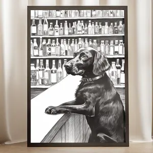 Dog At The Bar Inked Sketch Art Print - Bar Cart Poster, Beer Artwork, Black and White Home, Gift for Dog Lover UNFRAMED