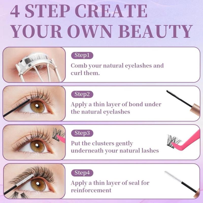 Kit for False Eyelashes - D Curl Cluster with Extension Glue and Tensions - Makeup, Cosmetic