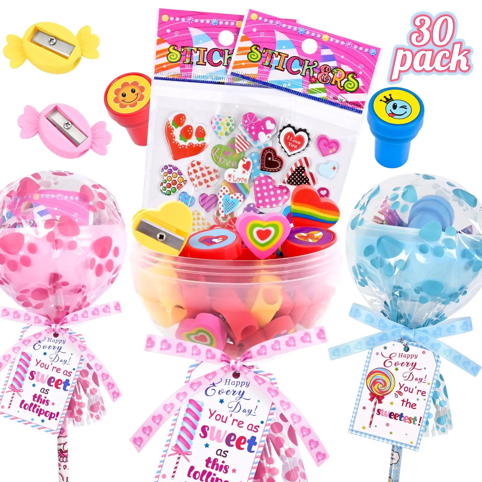 Happy Halloween Gifts for Kids - 30 Pack Lollipop-Shaped Stationery Set with Pumpkin Cards Slap Bracelets Pencils Stickers Erasers Stampers Sharpener