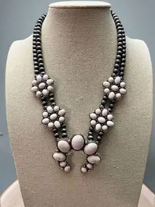 Faux White Buffalo Double Strand Squash Blossom Necklace -  18 inch