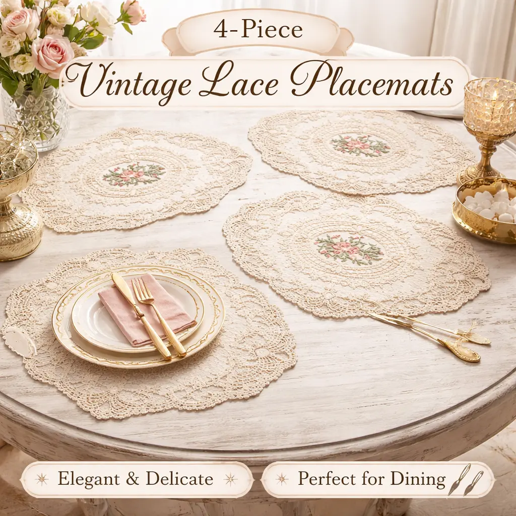 4-Pcs Oval Vintage Beige Floral Embroidered French Crochet Lace Placemats - 12x16in Reusable Hand-Wash Table Mats & Coasters, Boho Farmhouse Home Decor for Birthday, Party Dining Tables