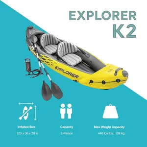 Intex 68307EP Explorer K2 Inflatable Kayak Set: Deluxe 86in Kayak Paddles and High-Output Pump – Adjustable Seats with Backrest – Removable Skeg – 2-Person – 400lb Weight Capacity, 2 Pack