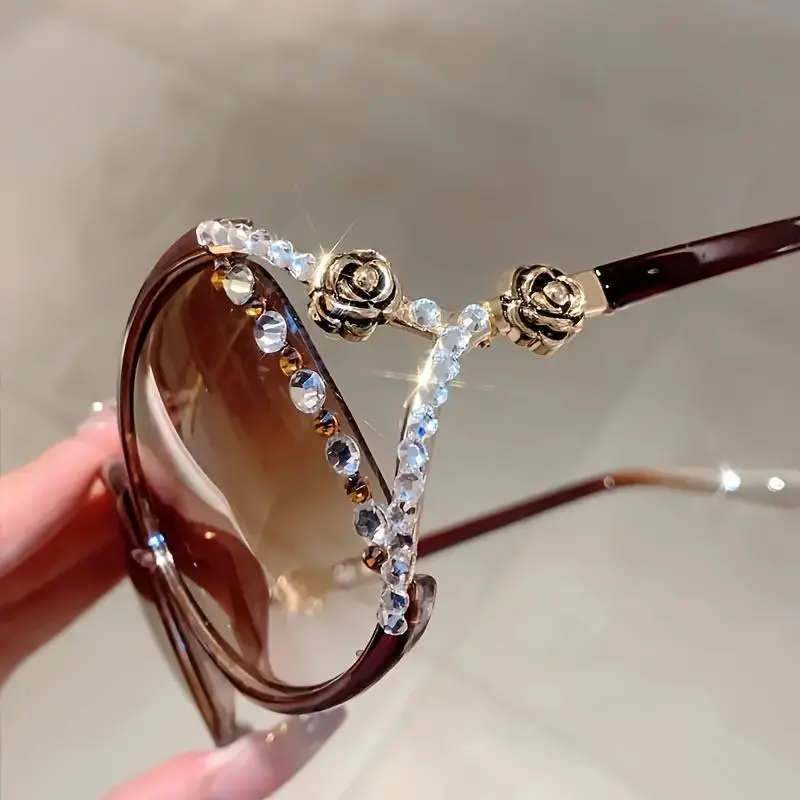 Women's Vintage Retro Full-Rim Oversize Polyamide Frame Camellia Rhinestone Casual Eyeglasses - Anti-Reflective Lenses, Metal Hinges, Festive Party Accessory for Daily Home Use