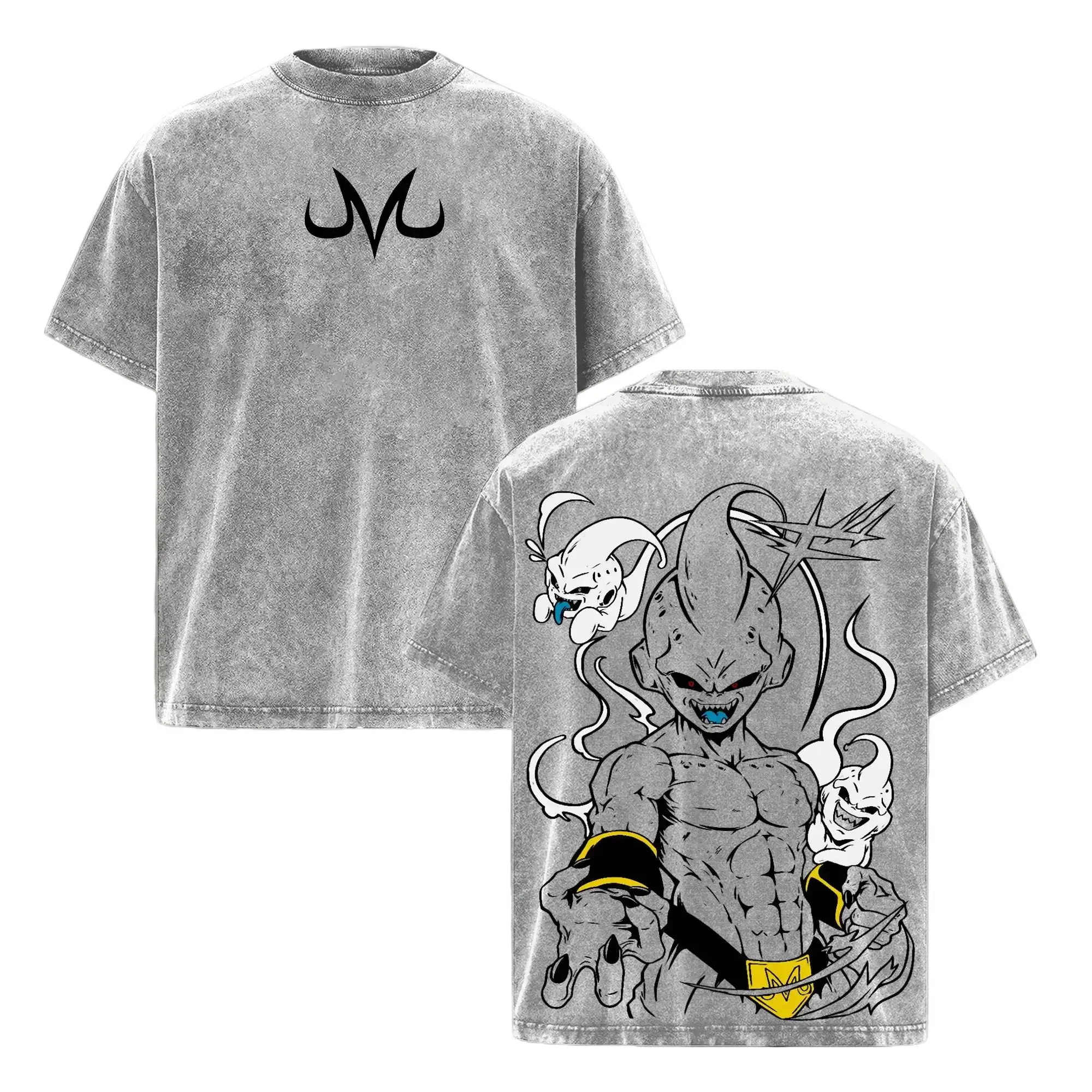 Men's Dragon Ball Z Majin Buu Double-Sided Print Artwork Tee - 100% Cotton, Vintage Wash, Oversized Round Neck, Heavyweight, Unisex Short-Sleeve Casual Seamless DBZ Merch Gift Top