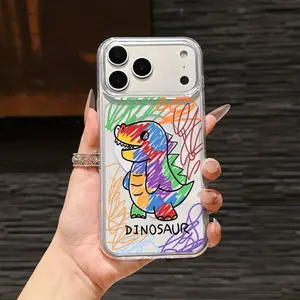 Colorful Dinosaur Doodle Pattern, Luxurious Transparent Magnetic Wireless Charging Phone Case Suitable for iPhone 17 E Air Pro ProMax iPhone16 15 14 Plus 13 12 Mini 11 X XS XR, Shockproof Clear Back Protective Case, Couple Phone Case, Boyfriend Gift