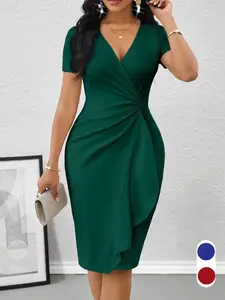 Spring Summer Knot Bodycon Party Dress, V Neck Ruffle Wrap Midi Dress, Waist Cinch Wrinkle Slim Design, Formal Dress for Evening Events