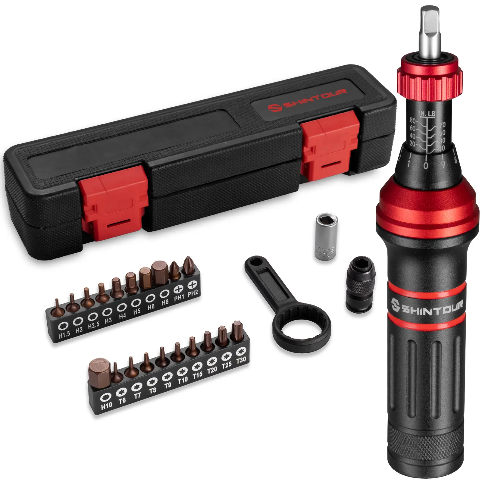 SHINTOUR 1/4" Drive Click Torque Screwdriver Bit Set, 10-80 in-lb Adjustable Inch-Pounds Tool for DIY Users & Low Torque Jobs, Hex Torx Phillips Bits for Bicycle Precision Projects