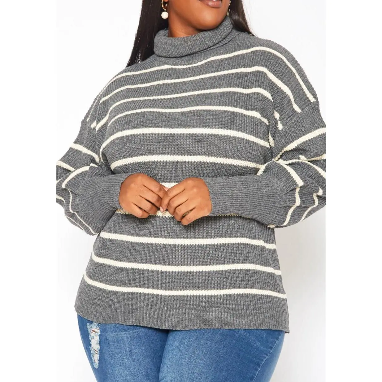 Hi Curvy Plus Size Striped Print Turtleneck Sweater