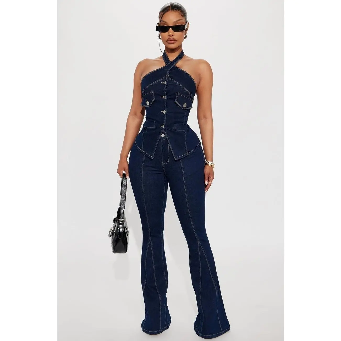 Esmeralda Denim Flare Pant Set-Dark Denim F