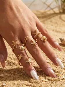4-Piece Island Beach Vacation Style Rings Set, Boho Nautical Summer Starfish Shell Conch Jewelry, Lightweight Coastal Accessories