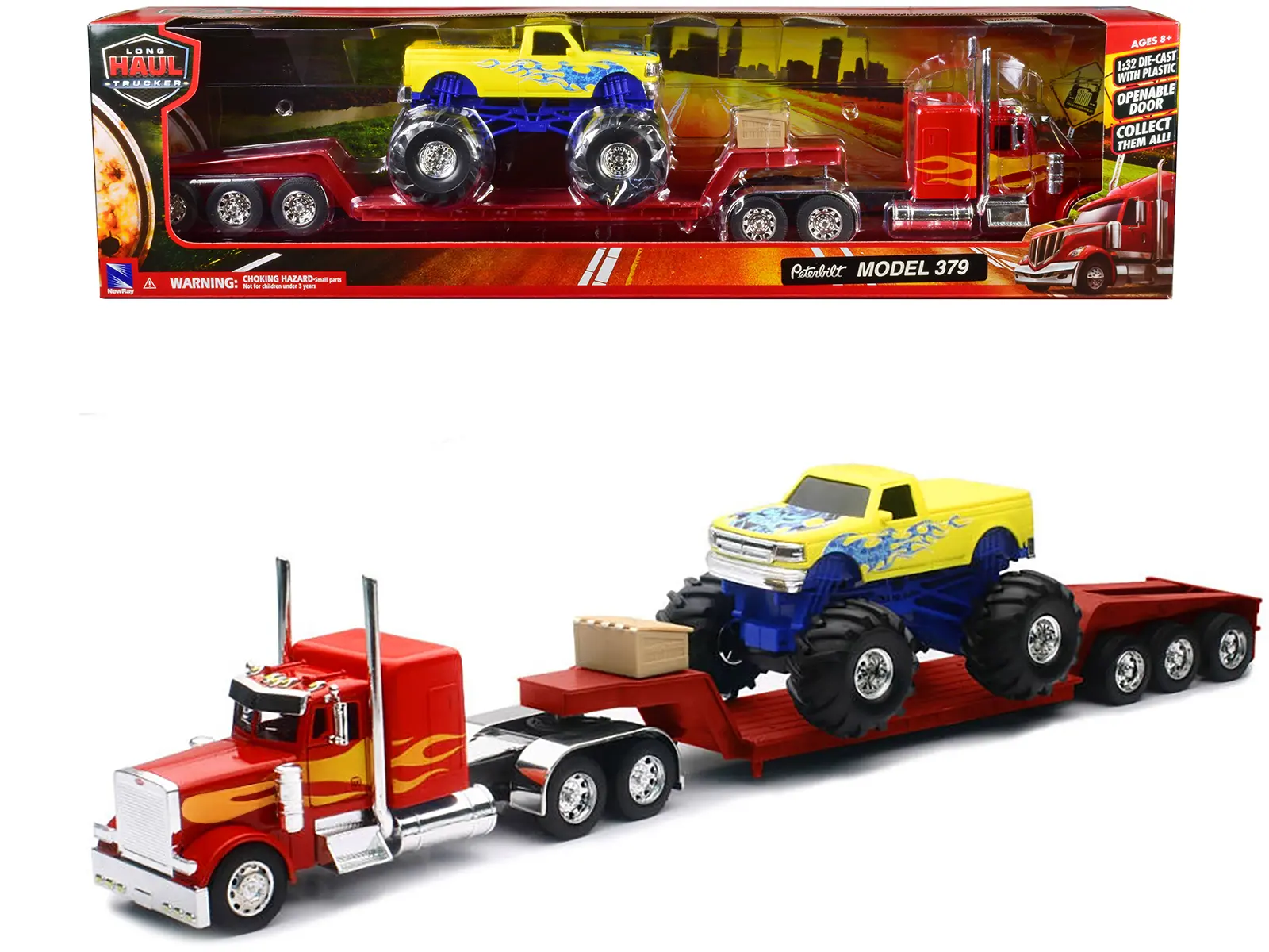 Peterbilt 379 Truck with Lowboy Trailer Red w/Orange Flames and Monster Truck Yellow w/Blue Flames 1/32 Diecast Model by New Ray